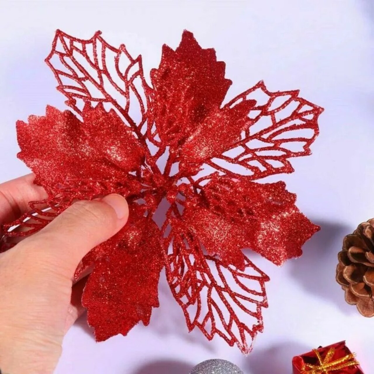 20Pcs Glitter Christmas Poinsettia Hanging Flowers Xmas Tree Decor